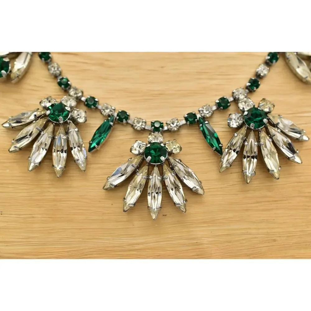 Vintage Crystal Collar Necklace Green Marquise Floral Prong Rhinestone BinBL
